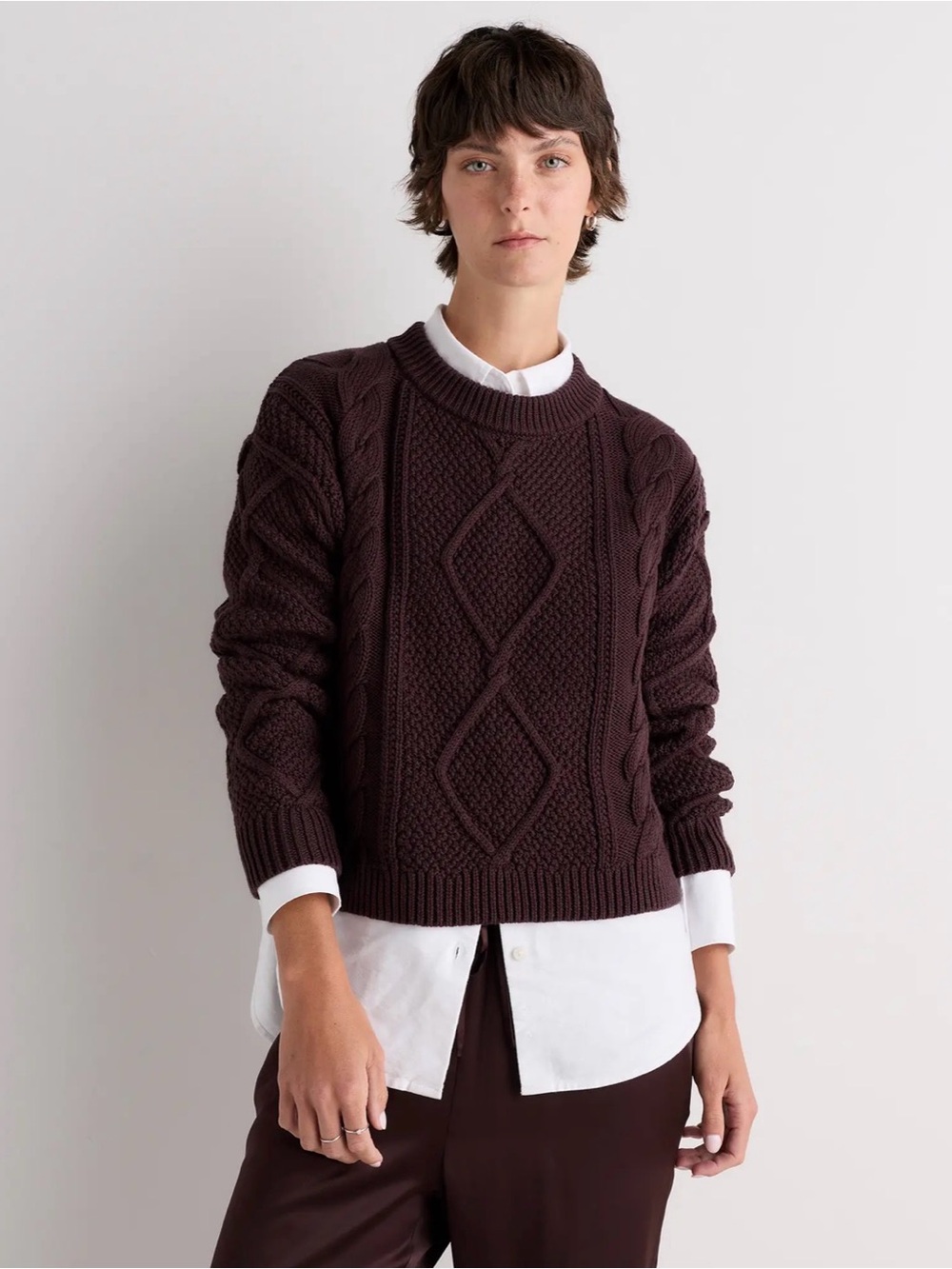 Quince Chocolate Plum Brown Organic Cotton Crewneck Cable Knit Sweater - Small